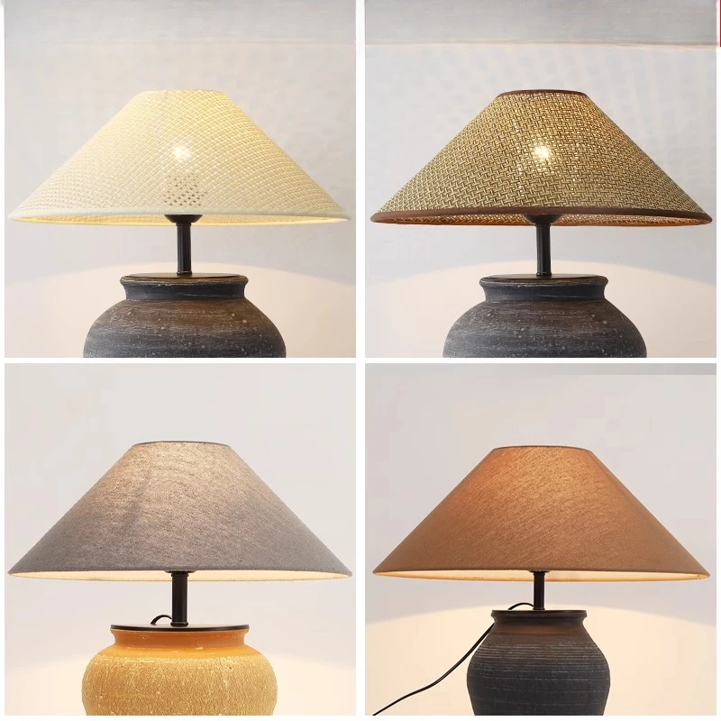 E27 Table Lamp Lampshade Linen Fabric Shell Japanese Zen Rattan Hand Woven Lamp Cover Wabi-Sabi Style Bedside Floor Lamp Shade