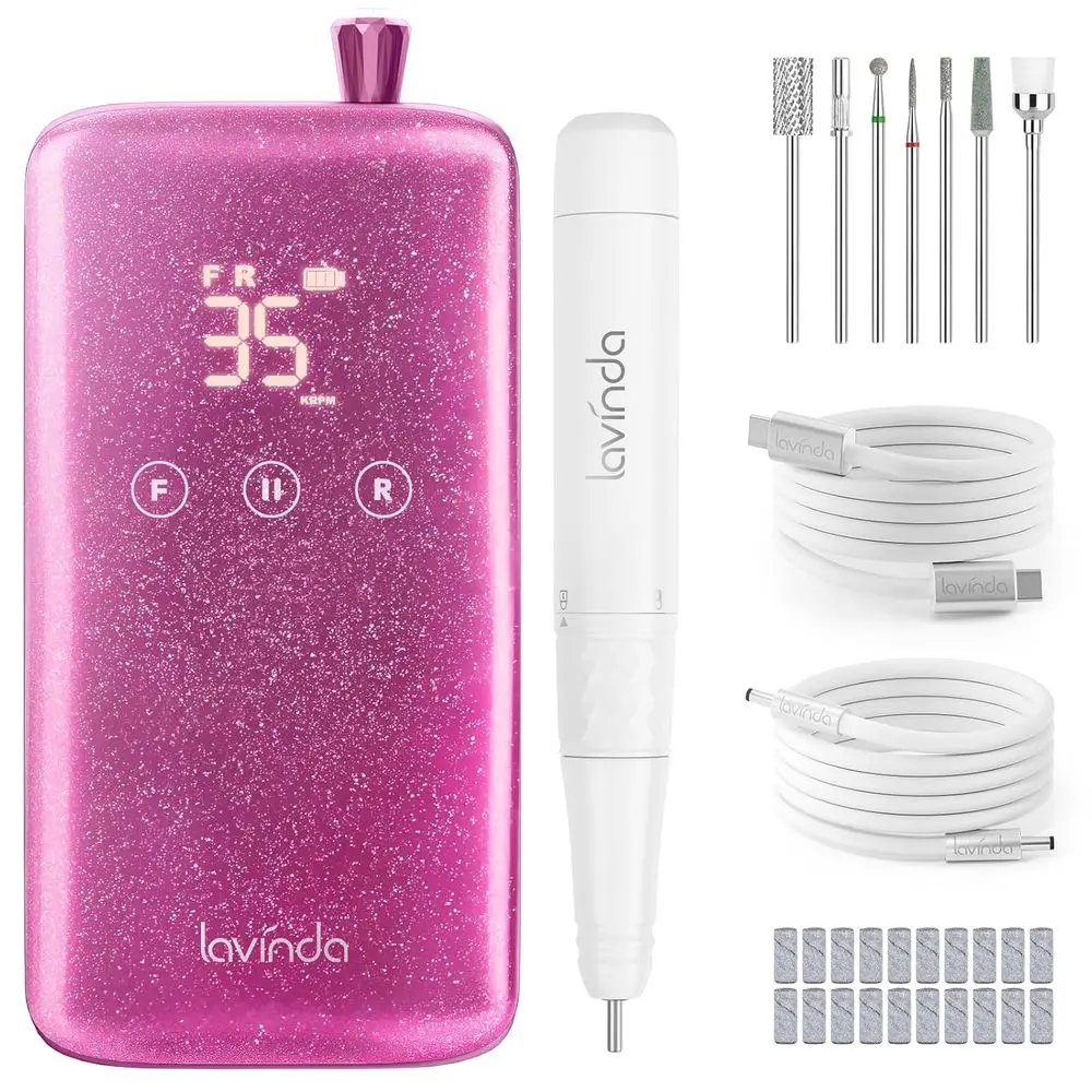 Rechargeable 35,000 RPM Electric Nail Drill with 3000mAh Battery, 8-Piece Bit Set for Manicure/Pedicure in Sparkling Pink