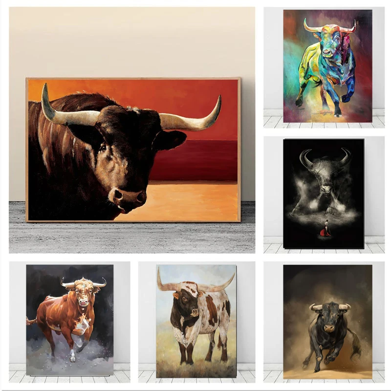 1pc frameless Canvas Painting Colorful Bull Abstract Animal Canvas Paintings Wall Art Picture Poster and Prints  for Living Room