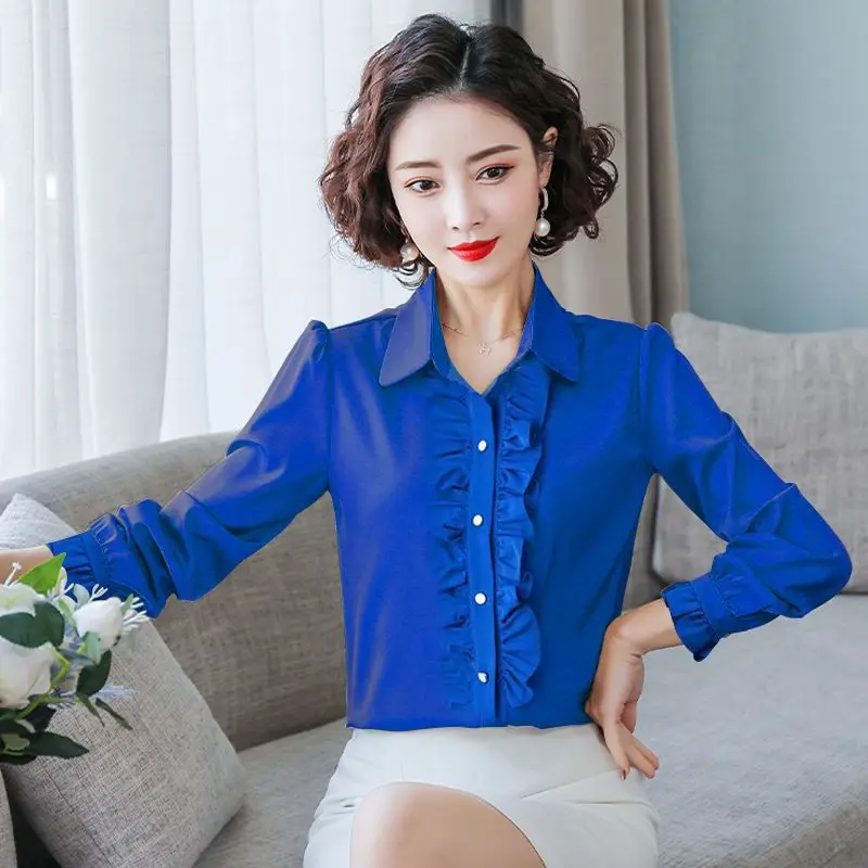 2024 Autumn New Fashion Patchwork Solid Color Turn-down Collar Long Sleeve Blouse Ladies All-match Buttons Ruffles Women\'s Shirt