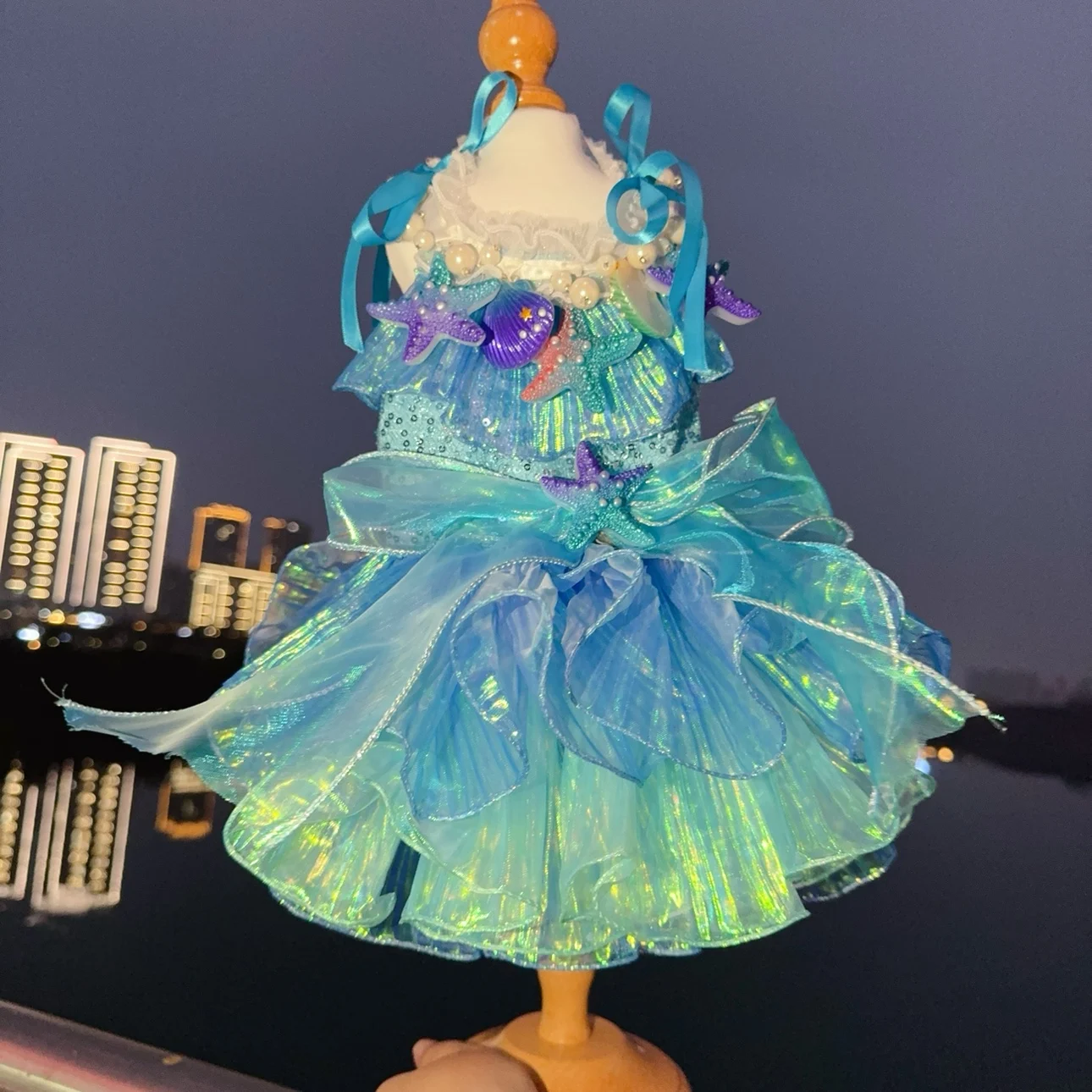

Luxury Blue Mermaid Dog Dress Handmade Starfish Lace Bow Princess Skirt for Small to Medium Dogs Chihuahua Pet Clothes