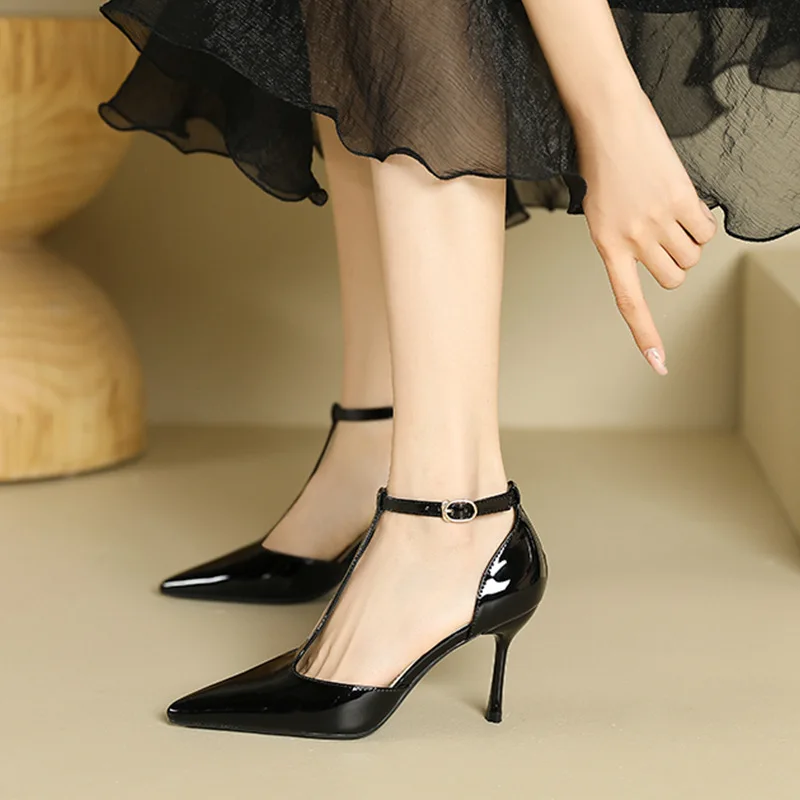 Red High Heels Women Shoes Hollow Pointed Toe Pumps Fashion T-type Ankle Buckle Strap Ladies 2024 New Sexy Party Dress Shoes