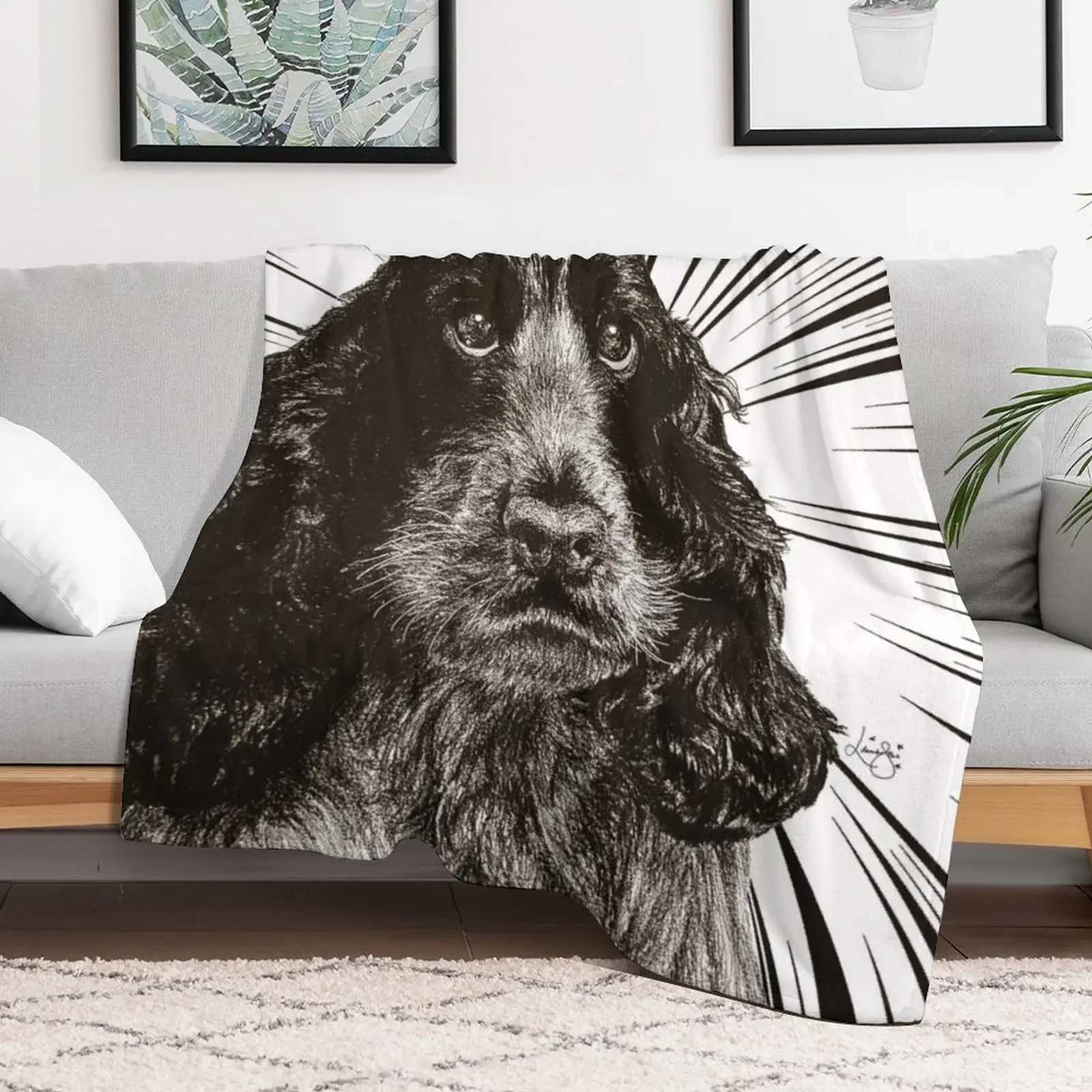 Cocker Spaniel Art, Blue roan, Black and White drawing Throw Blanket Portable Lightweight Blanket for Travel Camping