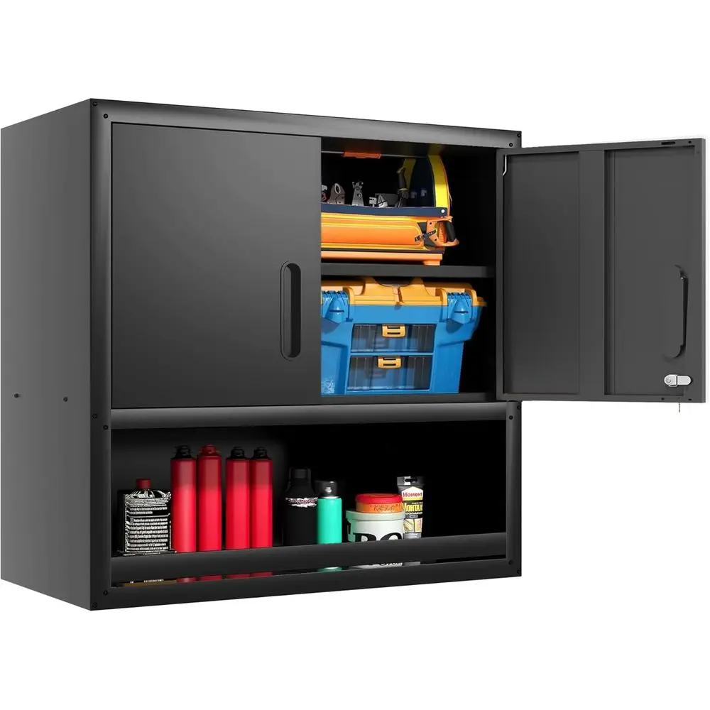 

Black Metal Garage Wall Cabinet with Open and Lockable Storage Shelves