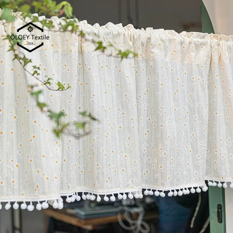 

Floral Cotton Curtains for Bedroom Kitchen Korean Daisy Print Blackout Light Drapes with Tassel Bay Window Cabinet Treatments