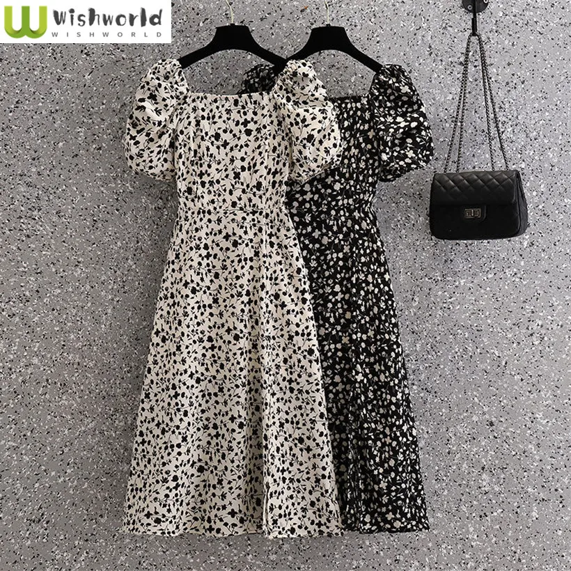 French Floral Dress Summer 2024 New Small Stature Style Waist Cinched Square Neck Bubble Sleeves Fairy Mid Length Skirt