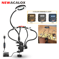 NEWACALOX Clip-on Soldering PCB Holder Tool with 3X LED Magnifier 5Pcs Helping Arms Welding Workshop Helping Station Repair