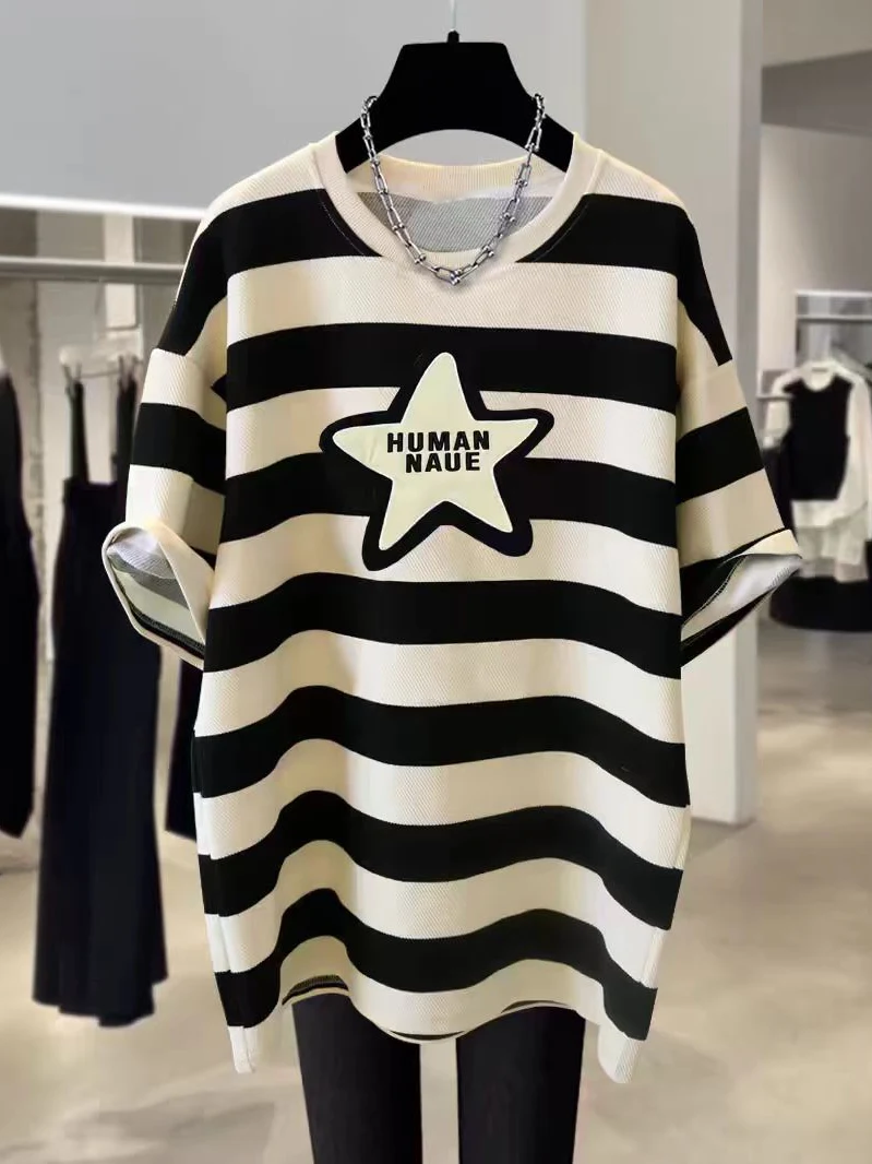 

Large Size Striped ort Sve T-irt Women Summer Loose Star Pattern Faionable Mid-Length round Ne Top Korean Sle