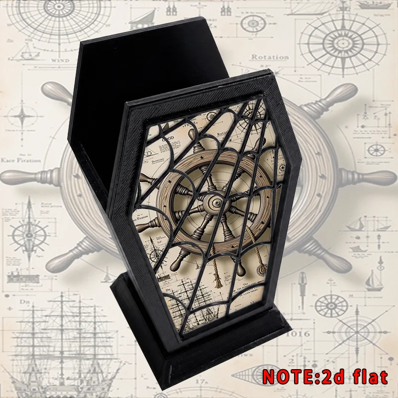 Retro Pirate Nautical Style Pen Holder 2D Flat Coffin‑Shaped Desktop Storage Box Antique Ship Wheel Vintage Nautical Chart Patte
