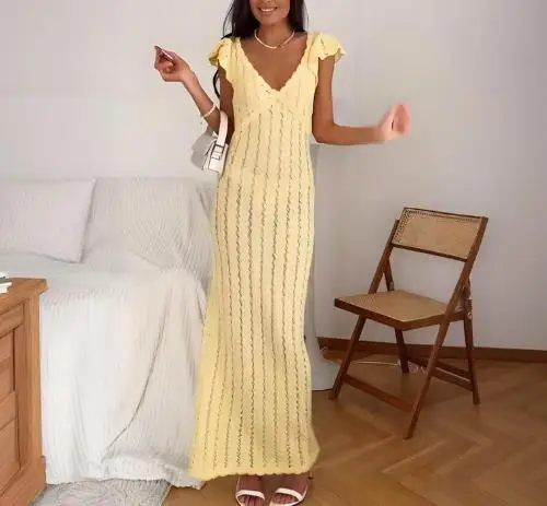 

Women Fashion Dress 2025 Autumn Latest Style Elegant Sexy New Solid Color Sleeveless V-Neck Striped One Step Hip Hugging Dress