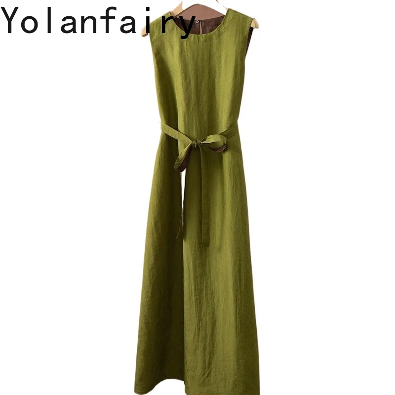 YOLANFAIRY 100% Real Mulberry Silk Dresses for Women Elegant Green Gambiered Silk Dress Luxury Sleeveless Slip Max Dress Lace-up