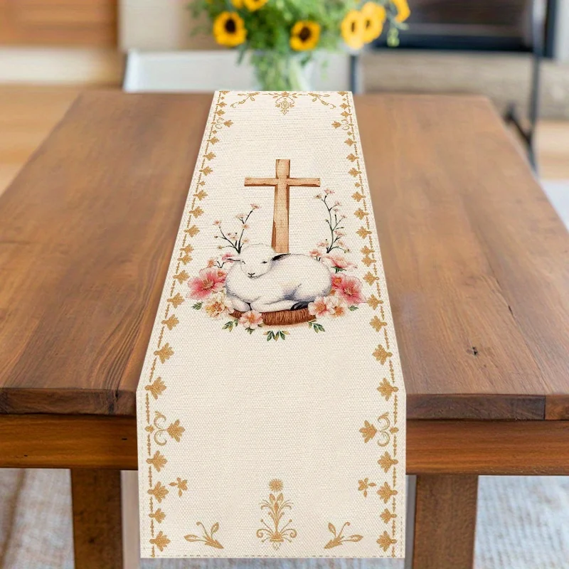 1pc Easter Cross Lamb Floral Table Runner Spring Blessings Decorative Cloth for Kitchen Restaurant Office Coffee Table Decor