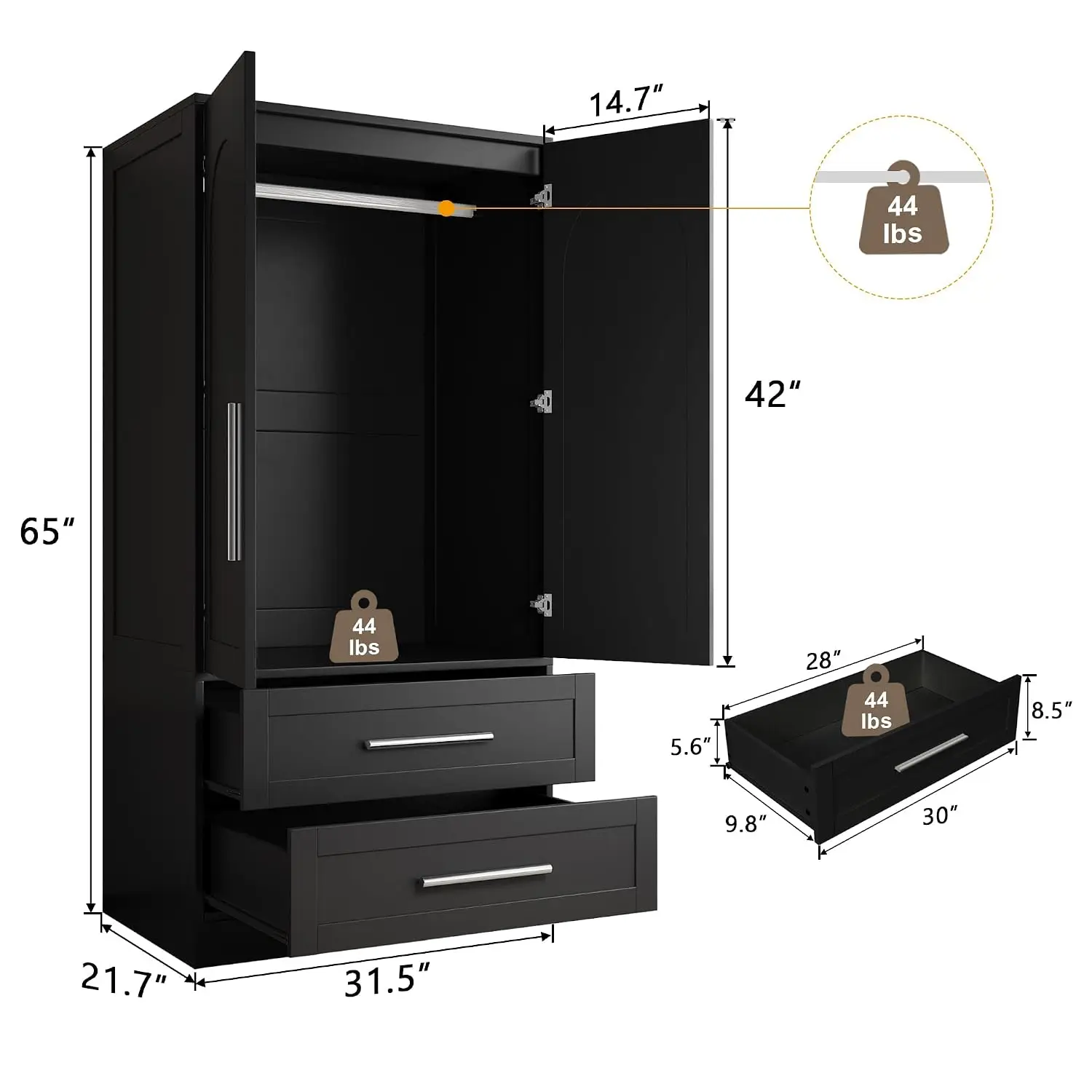 Wooden Armoire Wardrobe with 2 Drawers Shelves Aluminum Hanging Rod Strong Door Closure Modern Bedroom Black, Customized