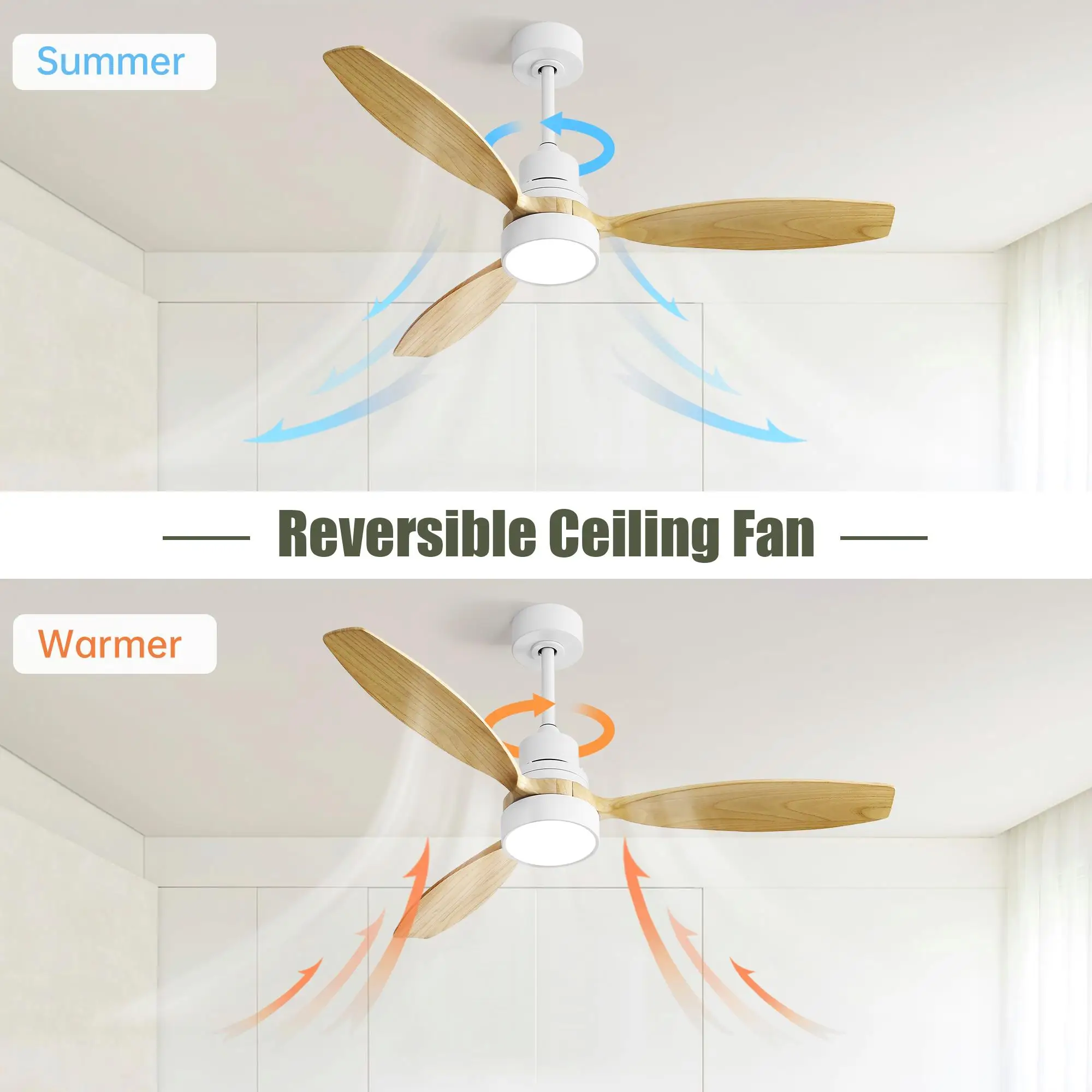 52-Inch Modern White Ceiling Fan with 3 Wood Blades, Remote Control, Reversible DC Motor & Light