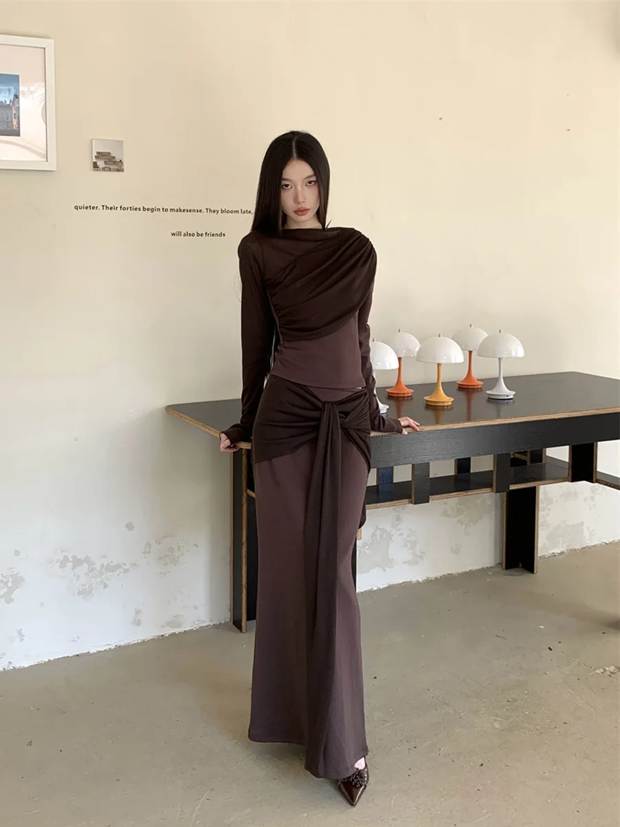 Women's 2-piece Skirt Set Knit Top Ribbon Paneling Long Sleeves Low-waisted Bodycon Mermaid Skirt Sexy Trendy Female Outfits