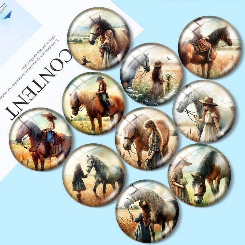 Girl With Horse 10pcs 12mm/16mm/18mm/30mm Round Photo Glass Cabochon 25mm Demo Flat Back Making findings