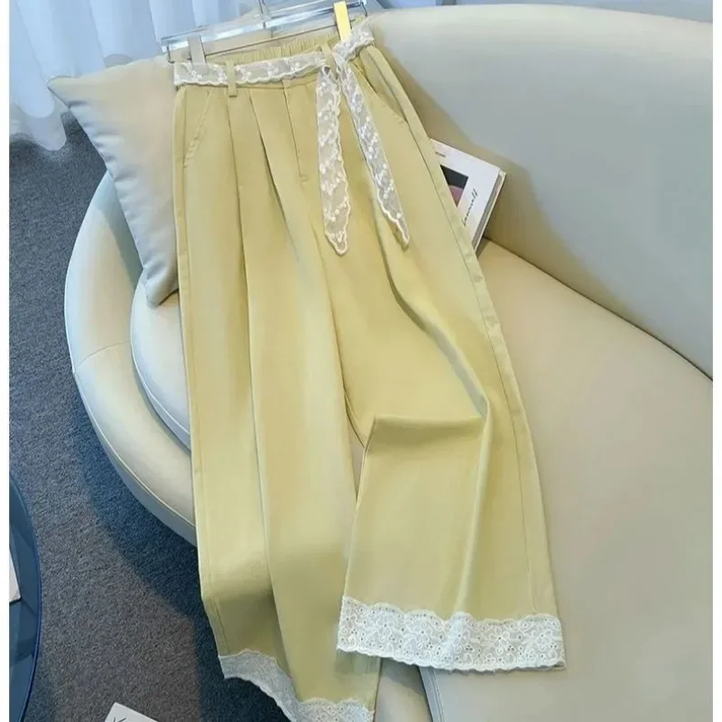 Pantaloni larghi da donna sottili 2025 nuovi piccoli pantaloni dritti pantaloni larghi casual a nove punti in pizzo azzurro