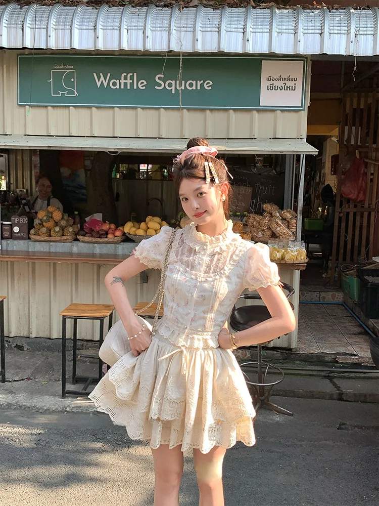 

Acaine High Waist A-Line Hollow out Embroidery Skirt Women's Summer Slimming Skirts Cotton Sweet Japanese Sle ort Skirt