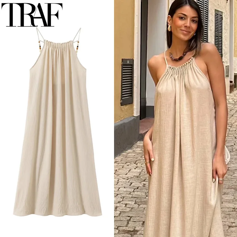 TRAF-vestido Midi con hombros descubiertos para mujer, vestido largo plisado bohemio con cuentas, Espalda descubierta, vacaciones en la playa, Verano