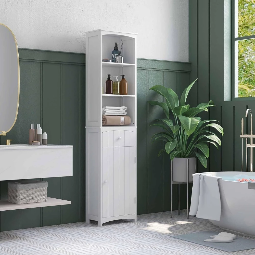 

Bathroom Storage Cabinet, Free Standing Bathroom Storage Unit, Tall Linen Tower with 3-Tier Shelves and Drawer, Customized