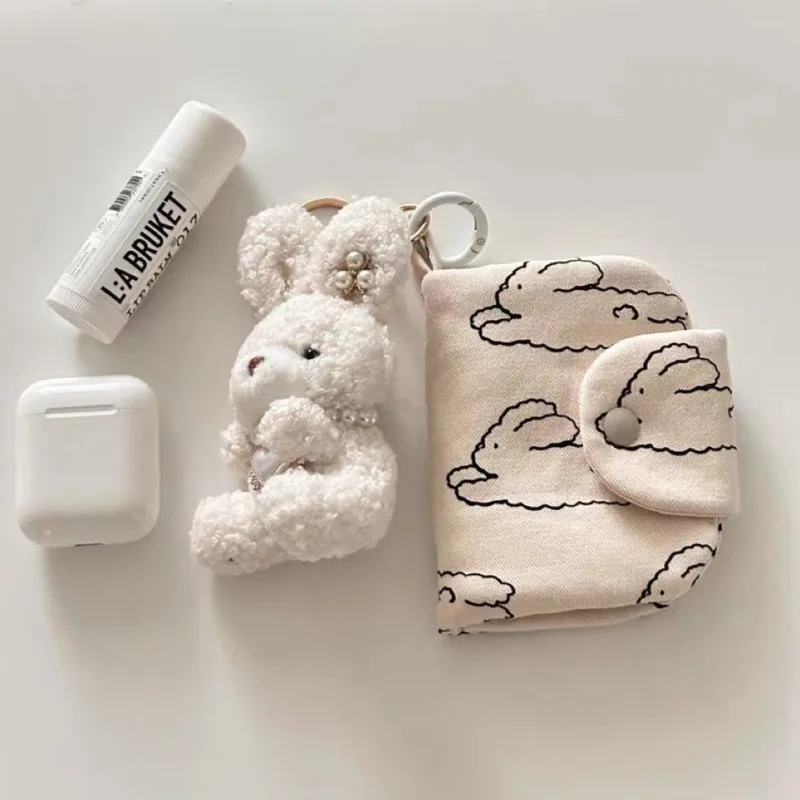 

Korean Bunny Print Mini Card Bag Cute Mini Cash Wallet Solid Color Portable Coin Purse Women Kawaii Headphone Lipstick Bag