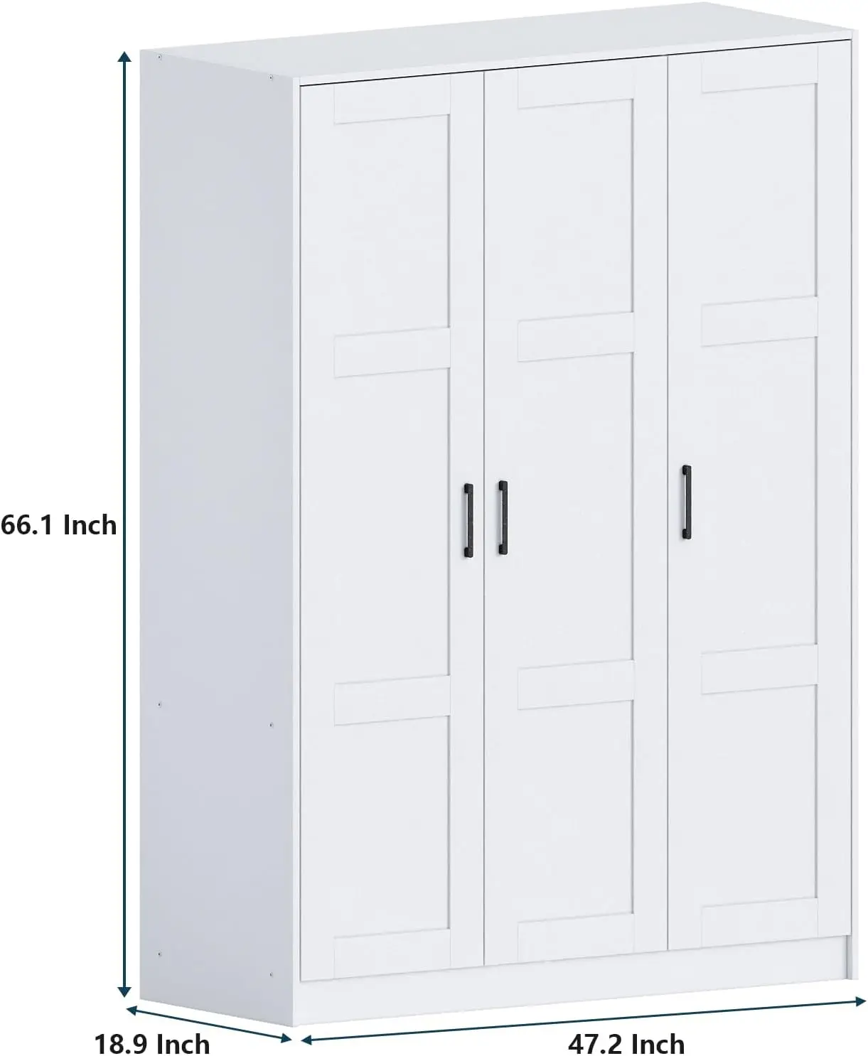 3 Doors Wooden Wardrobe Closet Armoire, White Storage Cabinet for Hanging Clothes, Bedroom Large Capacity Freestanding Armoire