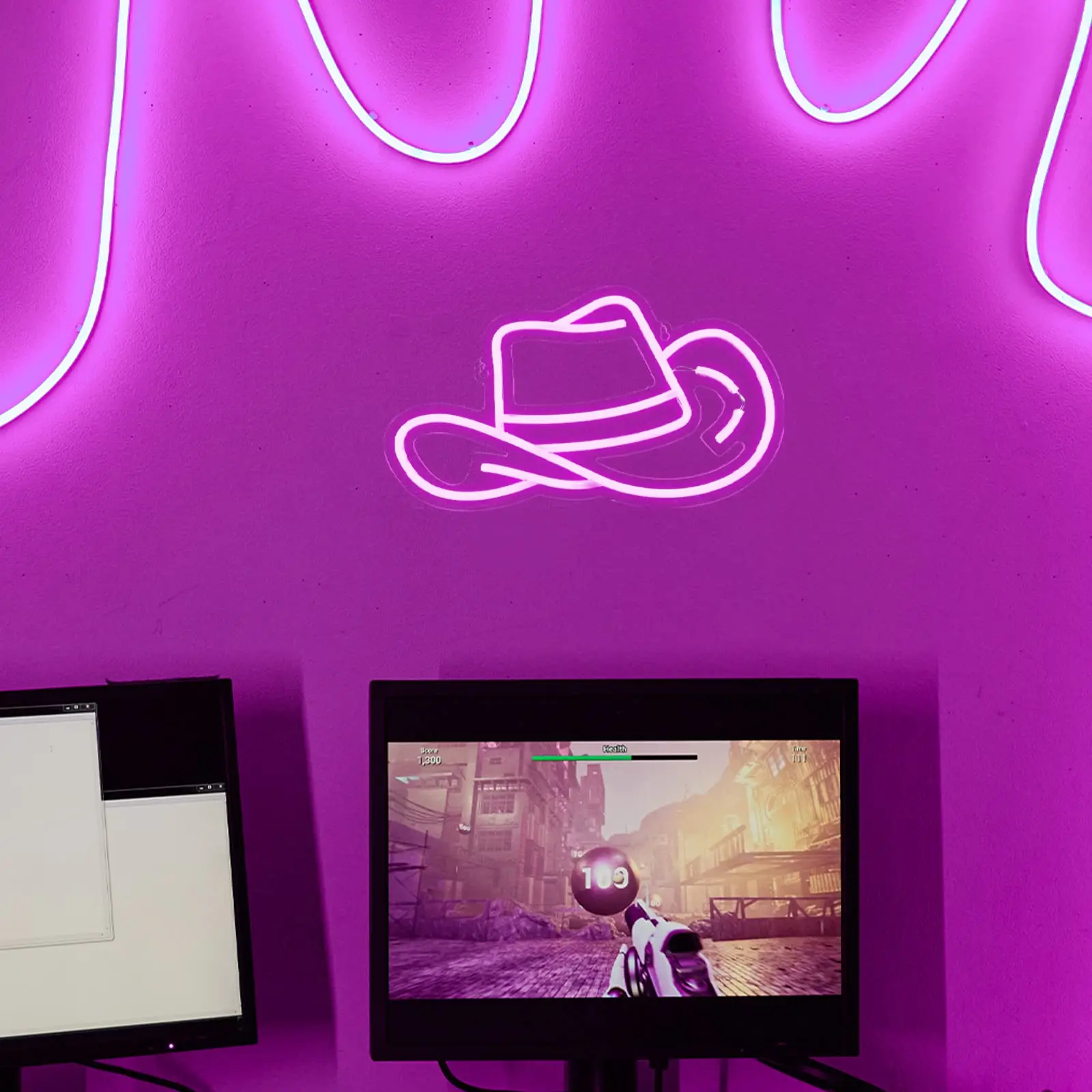 หมวก Cowgirl ปากการูปหัวใจคาวบอยหมวก LED ป้ายสีชมพูนีออนป้าย Y2K LED Neon Light ความงามตกแต่งเครื่องตกแต่งฝาผนัง