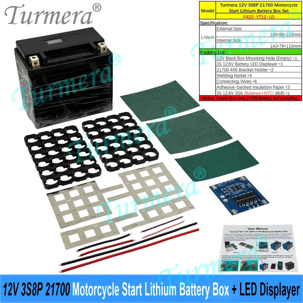 12.6V Motorcycle Start Battery Box 3S8P 21700 Battery Holder Nickel 30A Balance BMS with NTC for 12V Replace Lead‑acid Battery