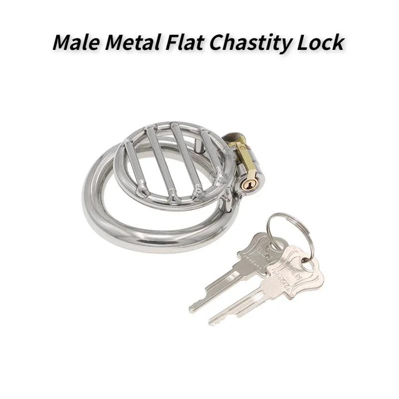 Male Metal Flat Chastity Lock Short Mesh Penis Cage Bird Cage Chastity Bondage Device Male Out Wearing Sissy Gay Adult Sex Toys