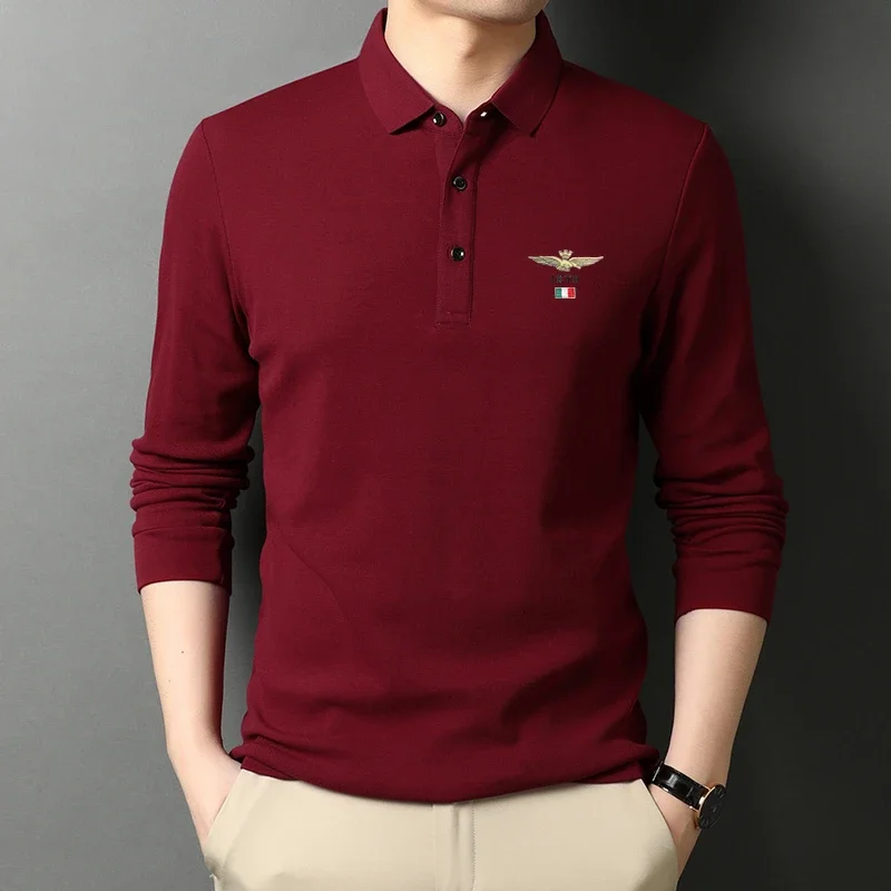 New Men's Casual Embroidery Long Sleeve Polo Shirt Fashion Solid Color Top