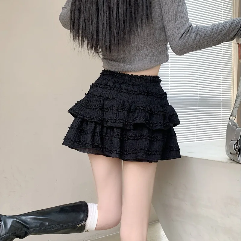 Japanese Style Sweet A-line Skirt Women's 2024 Summer New Ball Gown Cute Fashion Solid Patchwork Lace High Waisted Mini Skirts