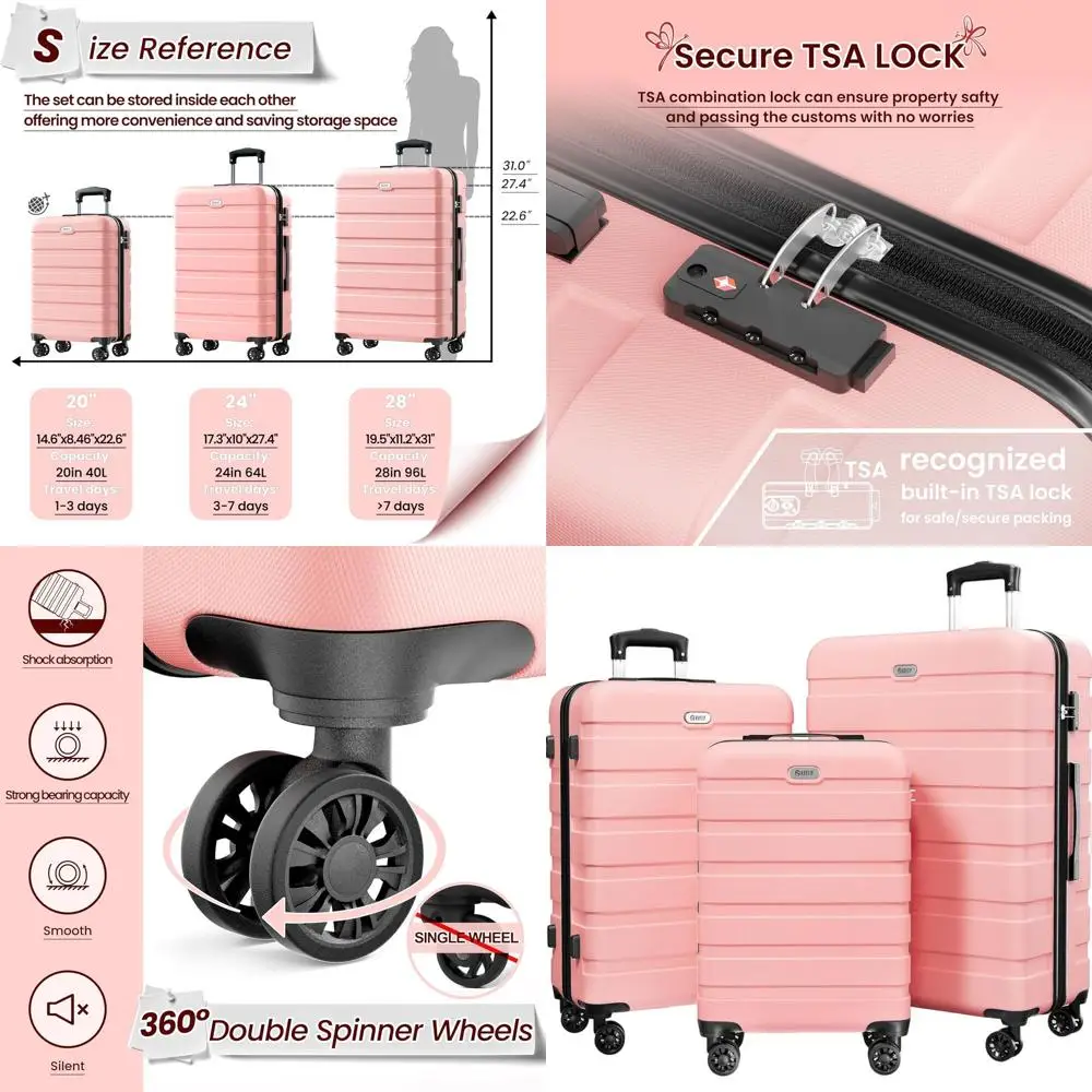 

3-Piece Hardshell Suitcase Set with 4 Spinner Wheels, TSA Lock, 20, 24, 28 Pink Lightweight Travel Luggage