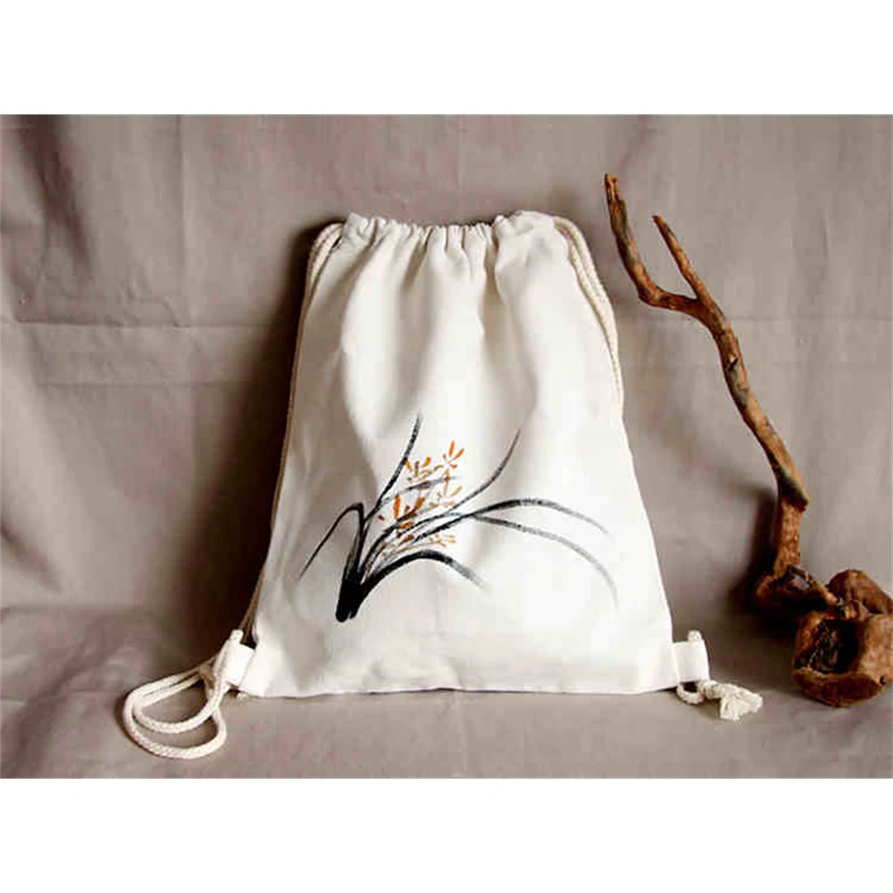 Hand-painted Canvas Lightweight Drawstring Backpack Women's Chinese Style New Portable Hanfu Knapsack All-match Trendy Schoolbag