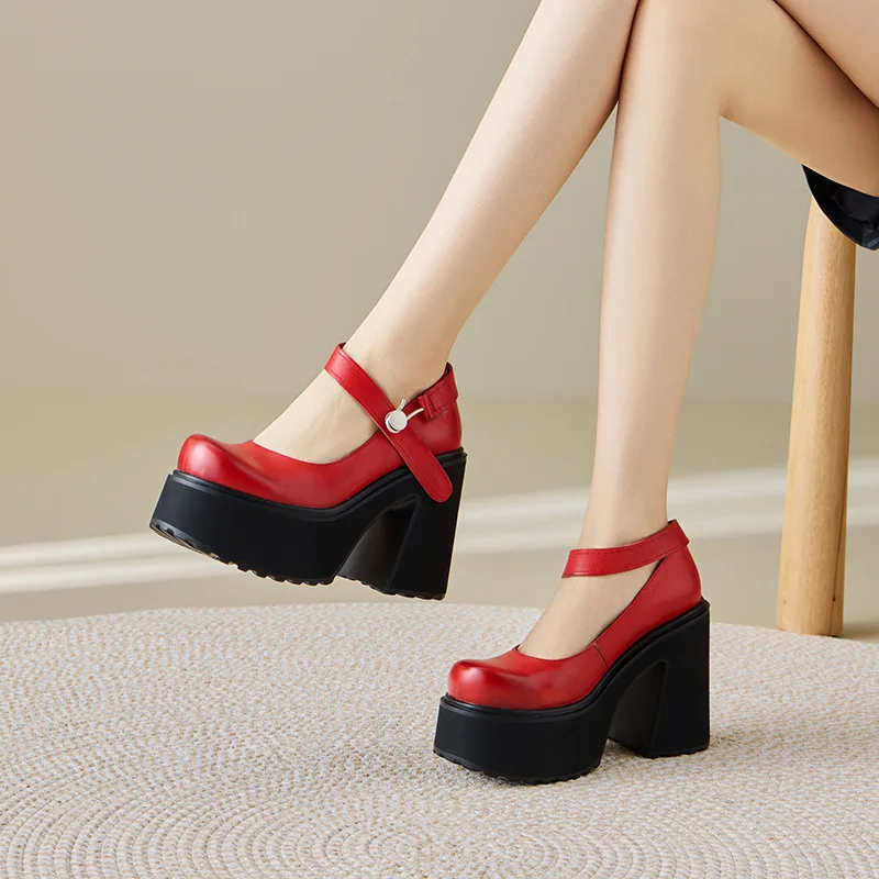 

2026 Spring New 12cm Washed Leather Mary Jane Heels for Women Red Round Toe Platform Chunky Heel Buckle Pumps