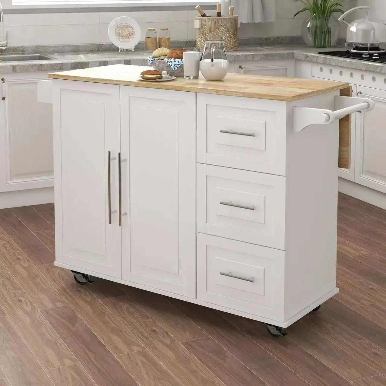 Wooden Kitchen Cart with Wood Top and Drop Leaf Breakfast Bar Rolling Mobile Kitchen Island with Storage and Towel Rack