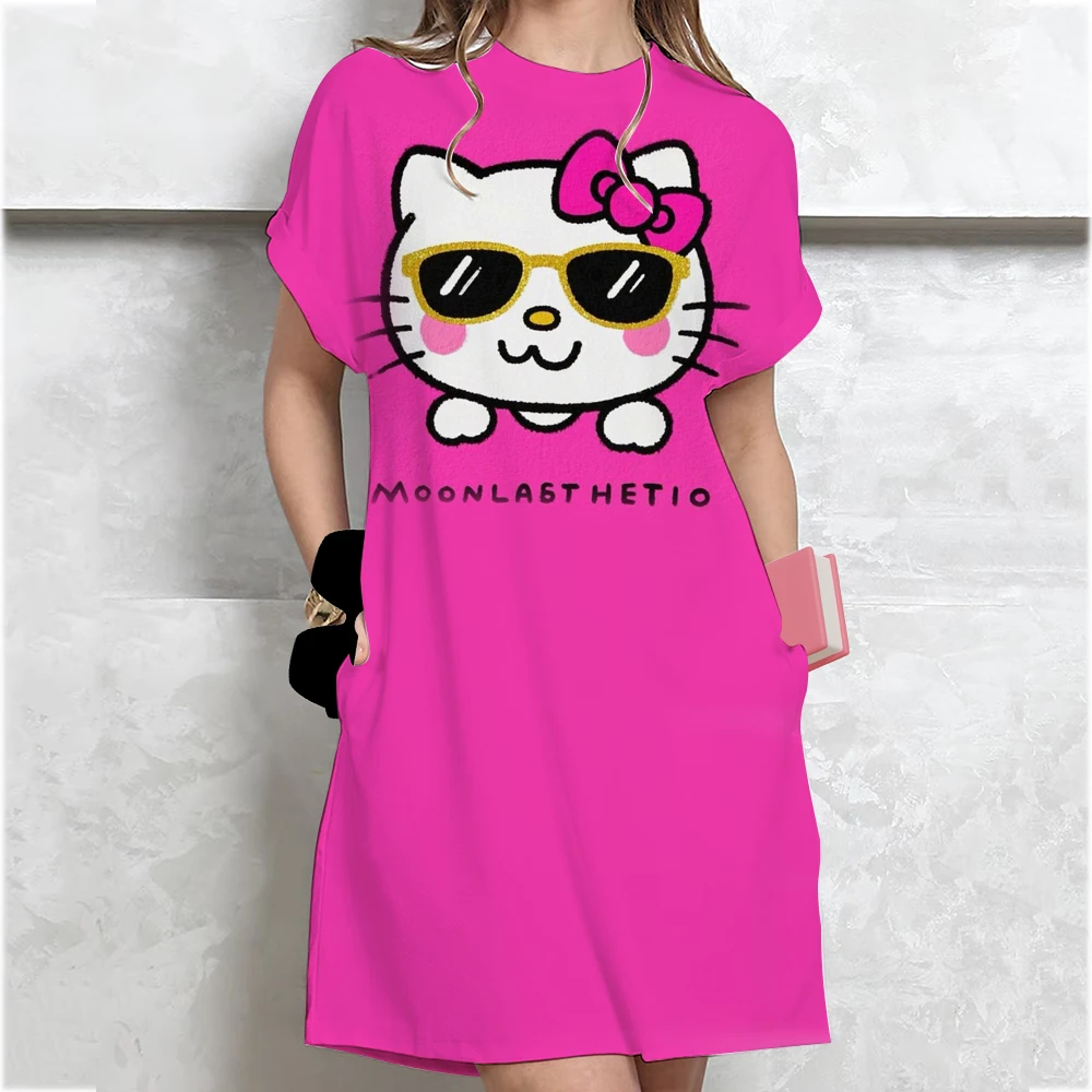 Mulheres casual manga curta t camisa vestido vintage olá kitty impressão solta mini vestido elegante simples mini vestido streetwear vestido de verão