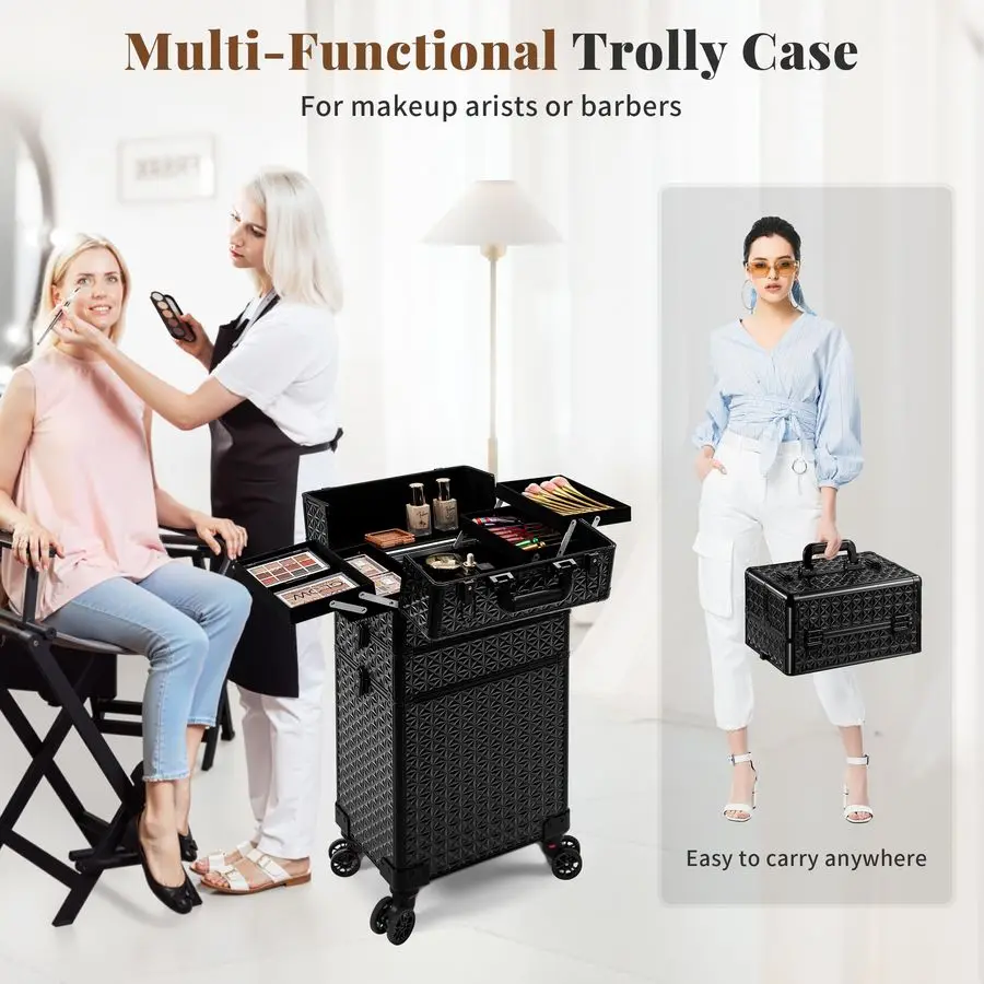 

3 in 1 Rolling Makeup Train Case Professional Large Cosmetic Trolley Cosmetology Case on Wheels Traveling Cart Trunk for Hairst