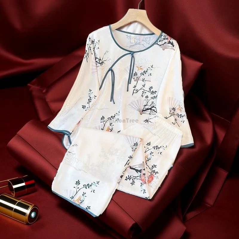 2026 new chinese retro national style women summer hanfu pajamas spring half sleeve round collar top long pants 2 piece pahamas