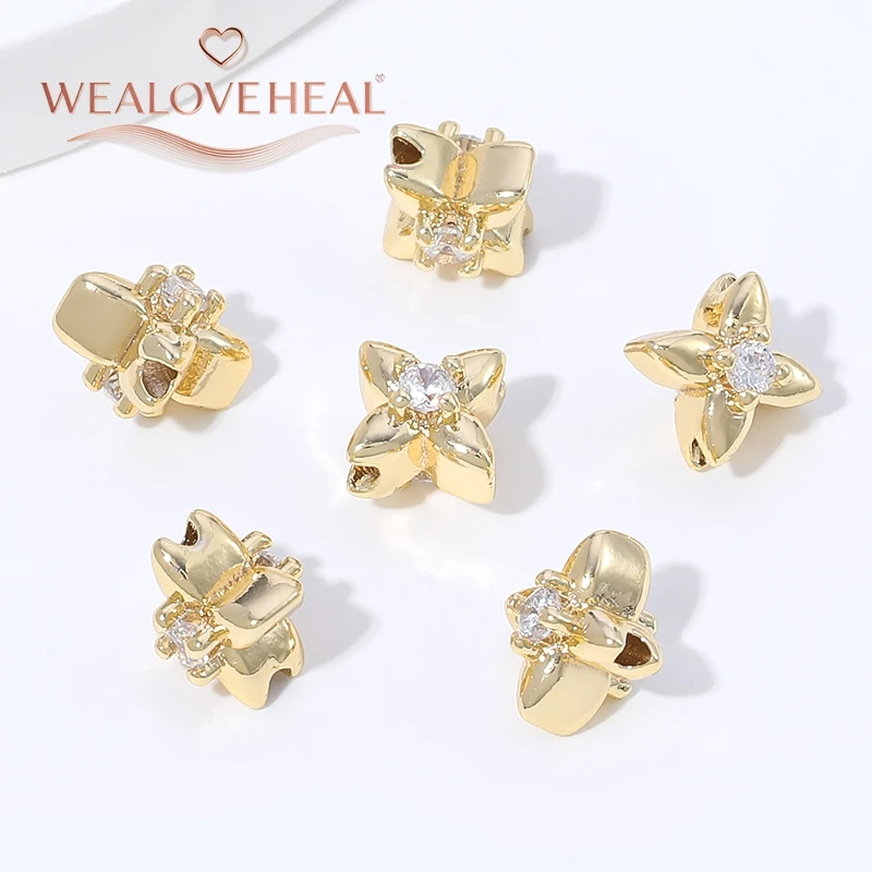 2/4 Stück 18K vergoldete Messing-Doppelseitige Zirkon-Vierblattklee-Abstandshalterperlen für DIY Armband- und Halsketten-Schmuckherstellung – Detail 18
