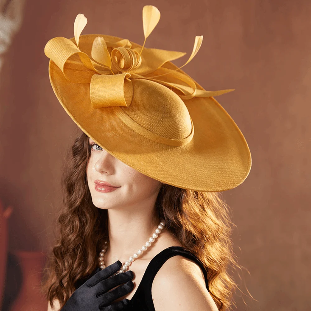 Trendy Wide Brim Women Fascinator Hats with Headband Elegant Tea Party Hat Vintage Large Wedding Hat for Wedding Event