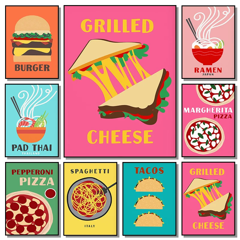 Póster de Comida Alegre y Colorida, Decoración Preppy para Habitación, Pizza, Tacos, Ramen, Pasta, Pintura en Lienzo, Arte de Pared Moderno y Minimalista, Cuadros Retro Pop