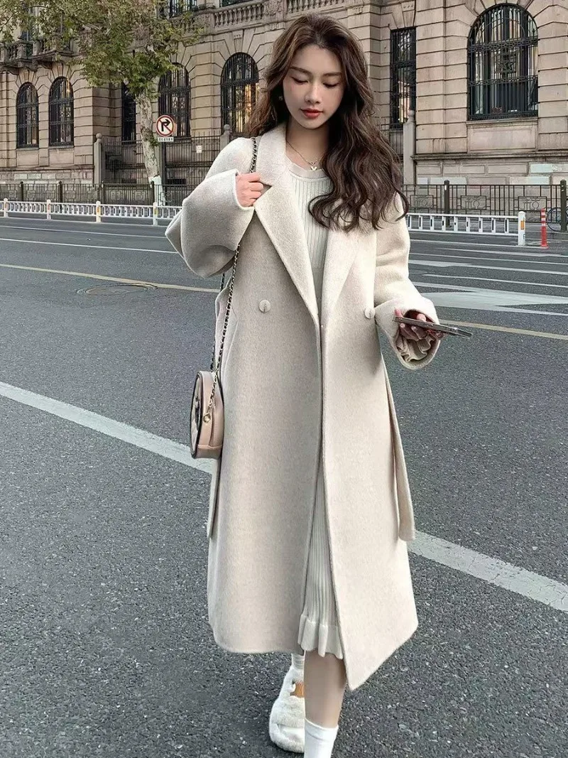 Lã feminina sólida solta ajuste meados de comprimento casual outerwear outono inverno rendas design all-match elegante roupas de moda coreana