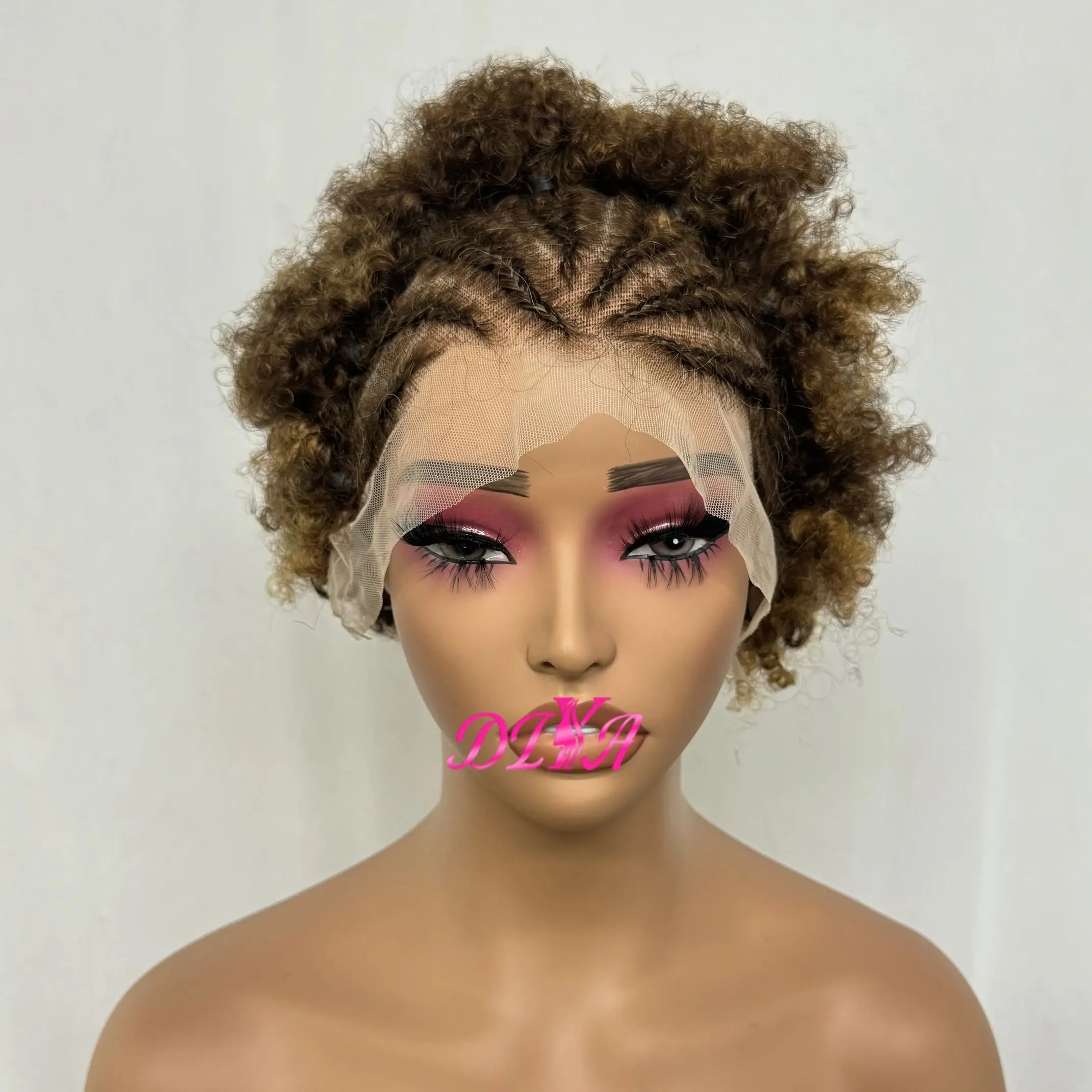 250% Density 4/30 Highlight Afro Kinky Curly Bouncy Human Hair Wig with Braids 13x4 Transparent Lace Frontal Wig for Black Women