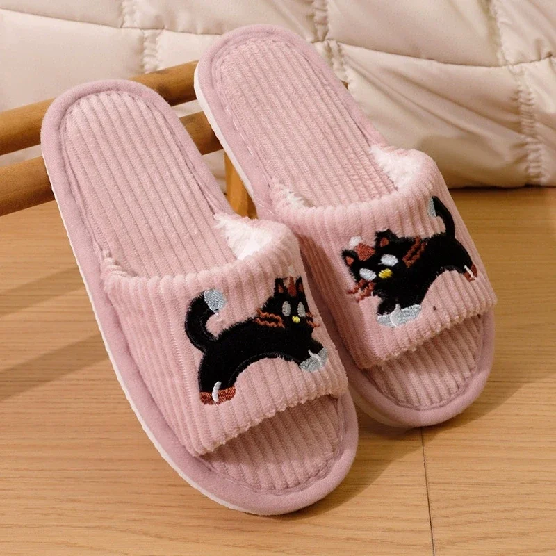 

Cartoon Embroidery Cat Women's Slippers Spring Autumn Funny Flat Heel Corduroy Slides Woman Indoor Non Slip Home Cotton Slippers