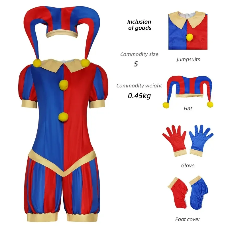 CosplayCircus Pomni Costume Cosplay con cappello Guanti Costumi di Halloween Set Pagliaccio Incredibile circo digitale Cappello natalizio di Halloween