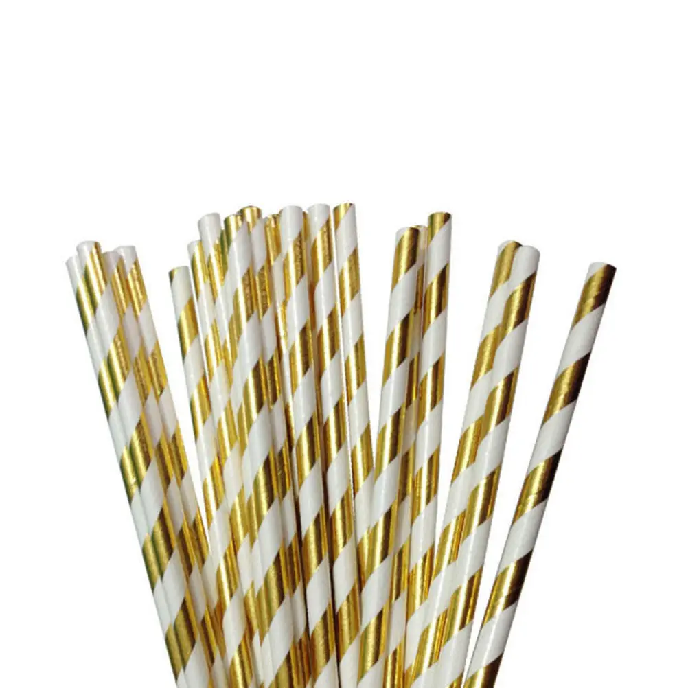 100Pcs Gold Paper Straws Colored Foil Striped Star Dot Wave Patterns Party Decoration Biodegradable Paper