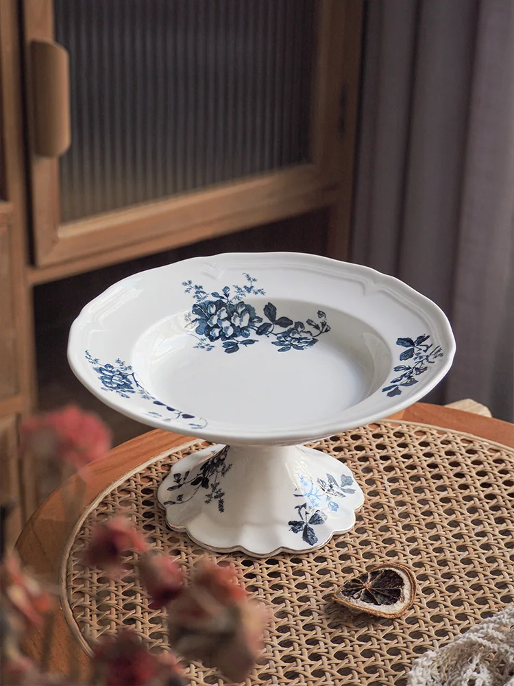 

Blue and White High Footed Fruit Platter, Ceramic Storage Plate, Fruit Tray Plate Bowl, Tabletop Decor Tray