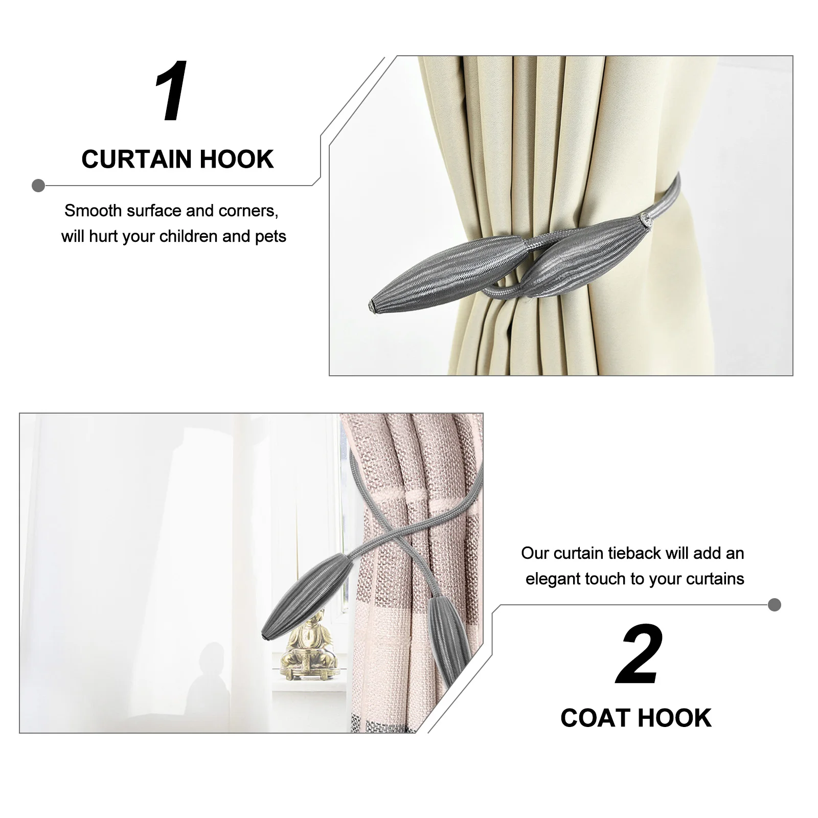

Curtain Tieback Wall Hooks Holdbacks Rope Straps Drape Decorative Accessories Plastic Fabric Easy Install No Drill Smooth