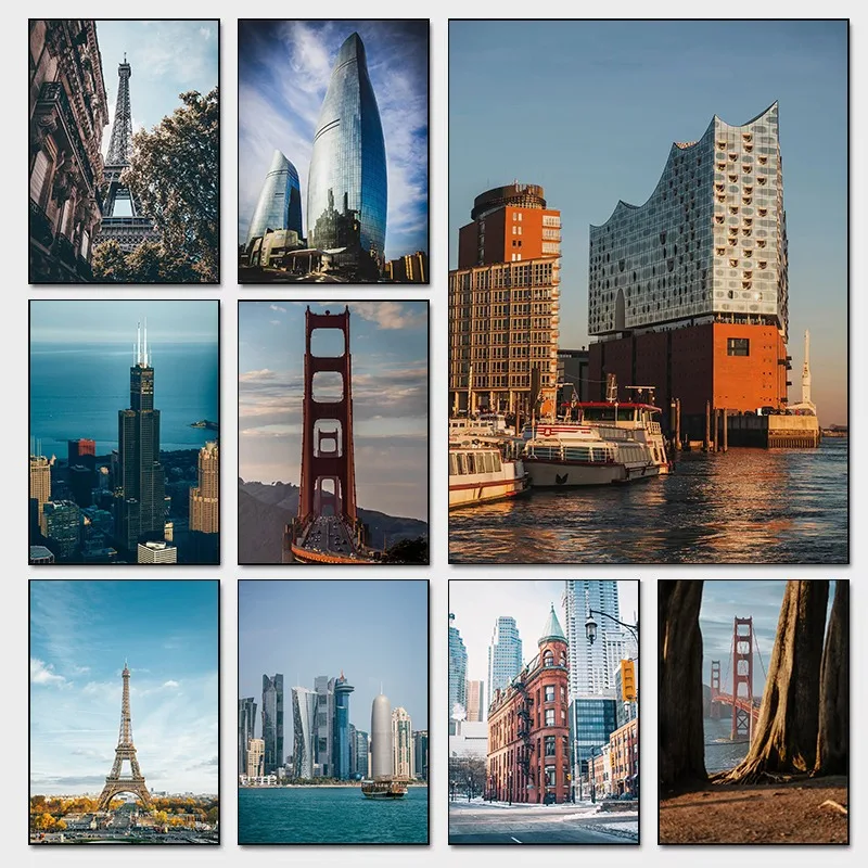 Modern Global Cityscape Poster Featuring World Famous Landmark Seattle Paris London Golden Gate Bridge Gooderham Building Wall