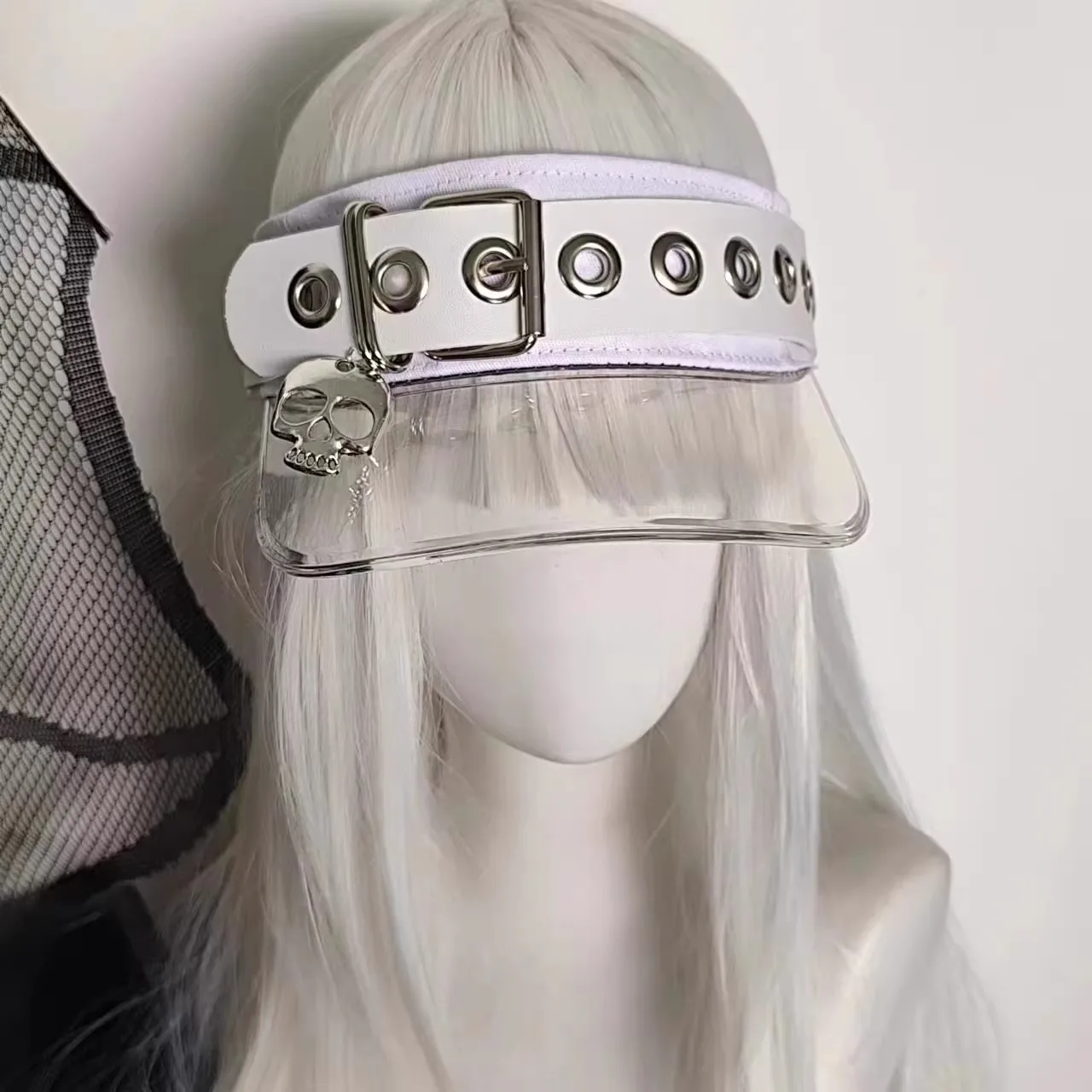 Skull baseball cap 2000s punk subculture low-profile no-top sun hat with unique leather buckle and jelly-like brim open-top hat. view 5